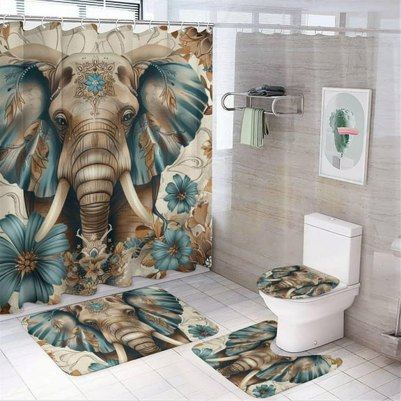 4Pcs Elephant Fantasy Shower Curtain Set with Rugs, Toilet Lid Cover and Bath Mat, Bohemian Plant Floral Leaf Bathroom Curtains Decor Shower Curtains, 72" x 72"