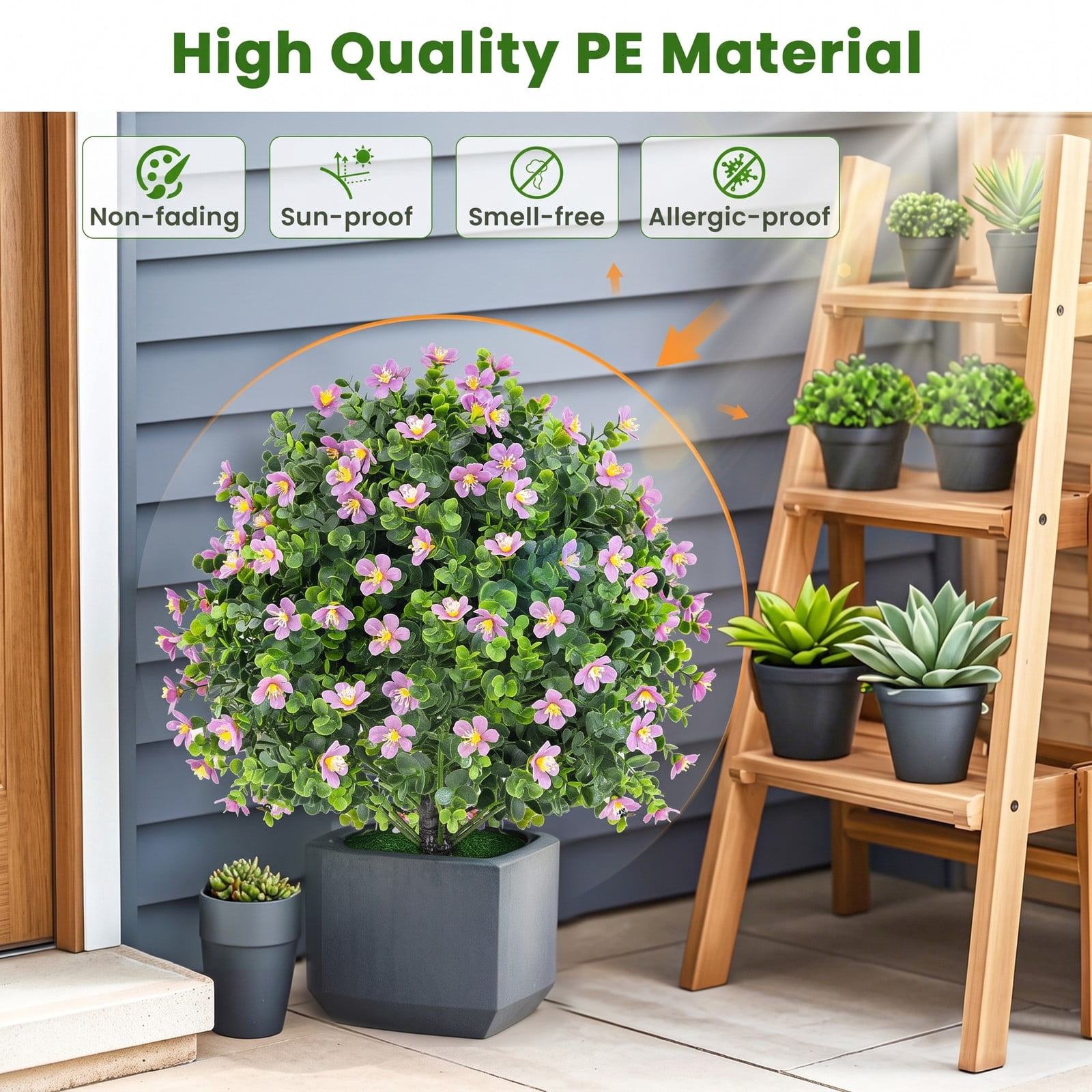 ALPULON 2 Pack Artificial Boxwood Topiary Ball Trees, 21.5 Inch Faux Shrub Bushes with Purple Flowers, Cement-Filled Base Fake Potted Plants for Front Porch, Purple