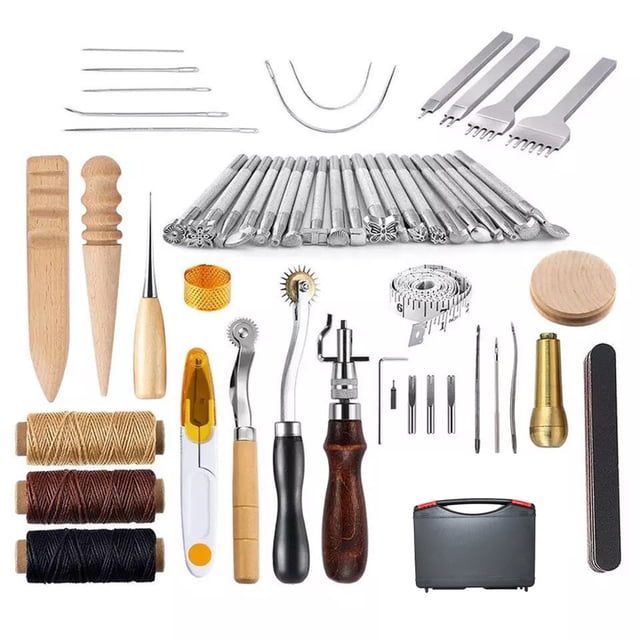 Amdohai 59PCS Craft Leather Tool Set DIY Leather Hand Working Tool Kit for Sewing Stiching Carving Printing Cutting Professional Leathercraft Accessories with Different Leather Stamp Punches