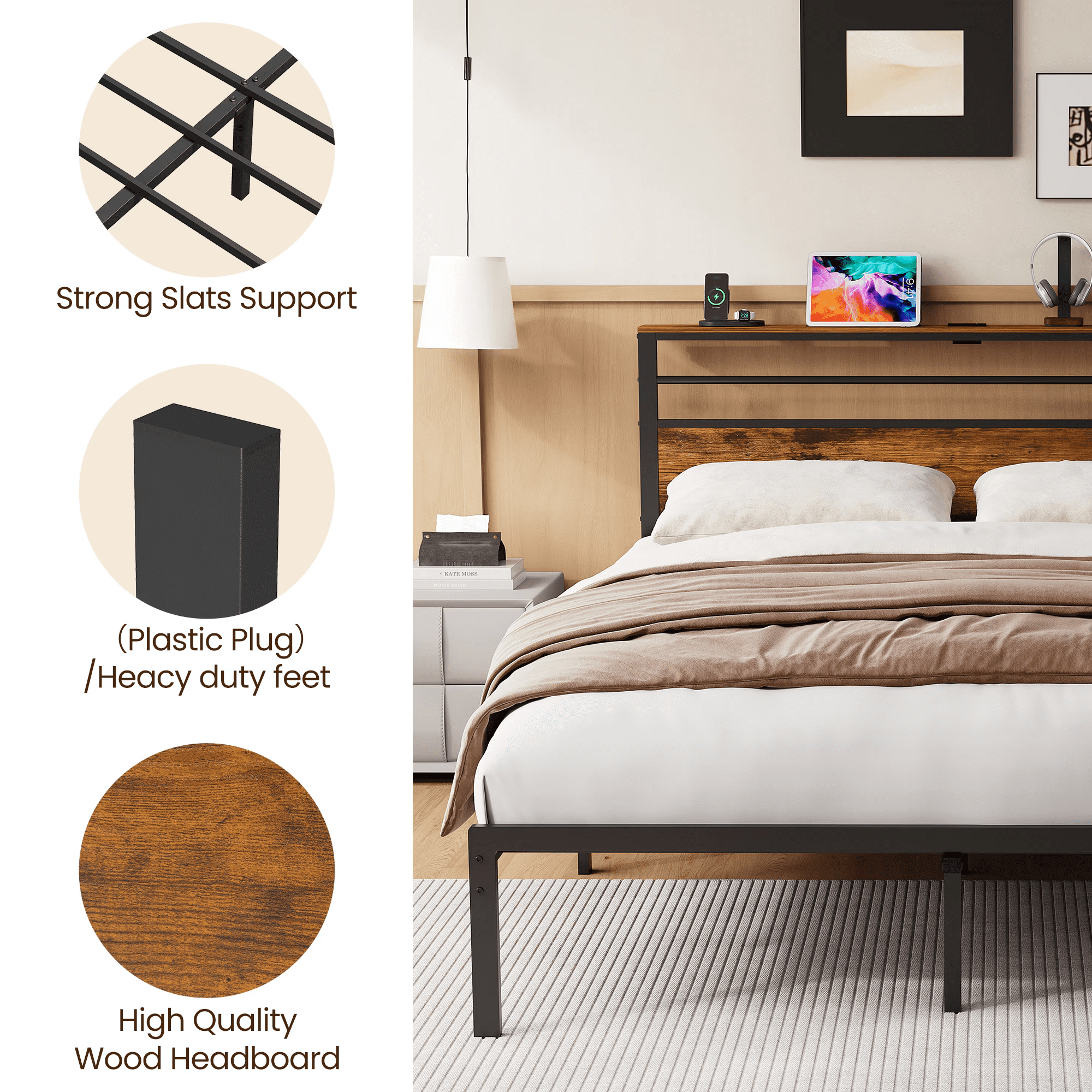 Twin Bed Frame with Storage, Metal Platform Bed with Vintage Wood Headboard and Heavy Duty Support Slats, No Box Spring Needed