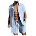 thumbnail image 4 of Summer Outfits for Men Short/long Sleeve Collared Elastic Waist Drawstring Streetwear 2-Piece Set Drop Shoulder Lightweight Summer Casual T-Shirts and Shorts,Light Blue,L, 4 of 5