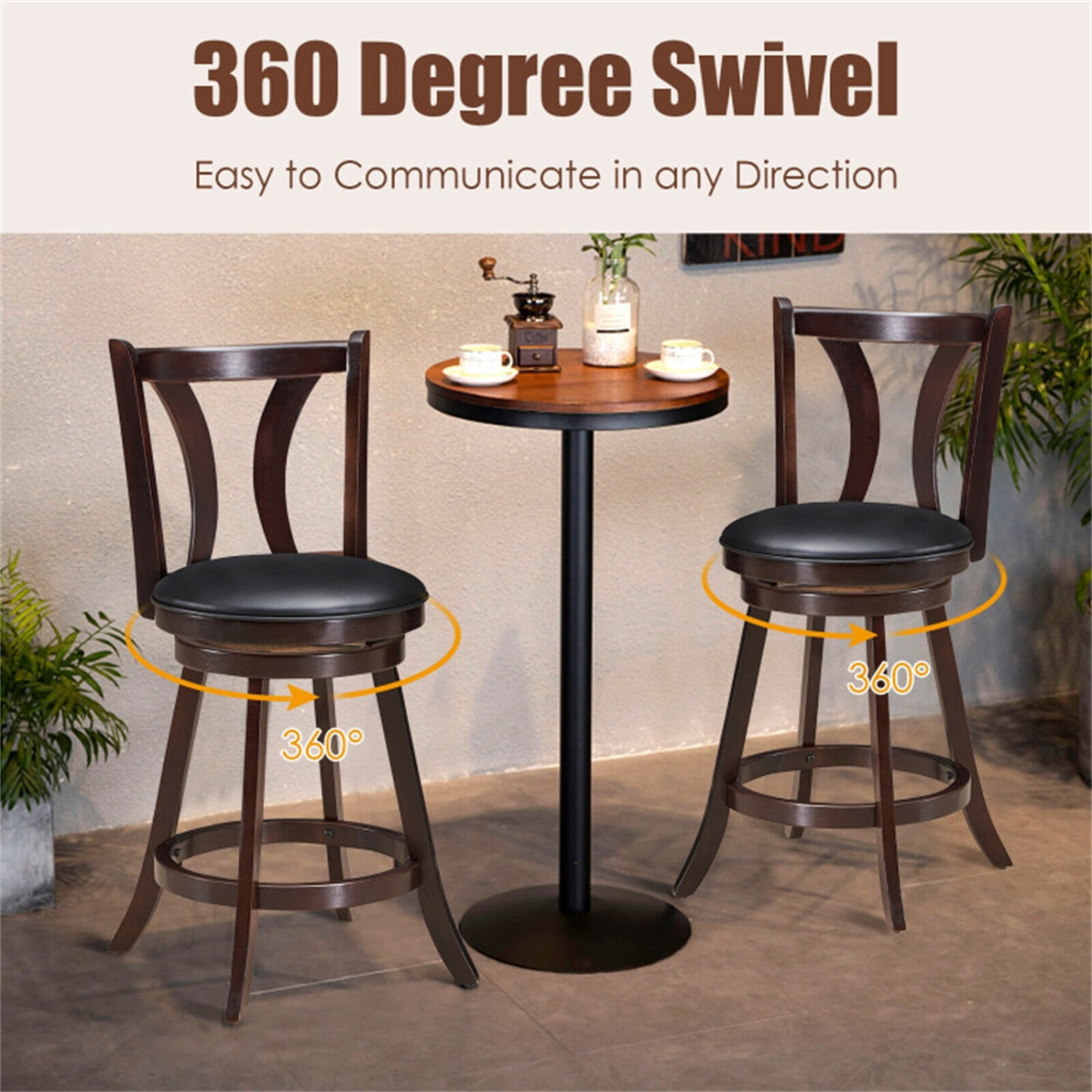 Demi Bonn 24" Set of 2 Swivel Counter-Height Bar Stools Chairs with Rubber Wood Legs, Modern Dining Chair with Backrests, Brown