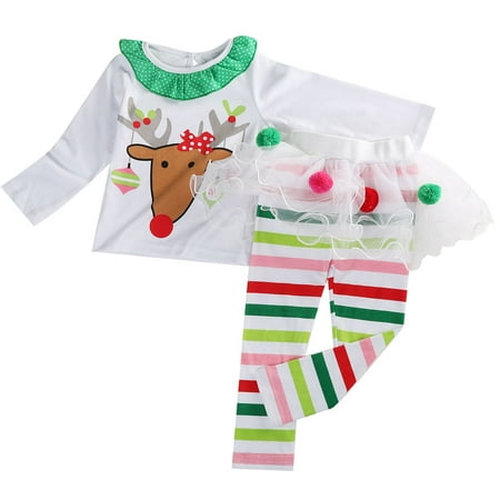 2PC Baby Girls Christmas Outfits Long Sleeve Reindeer T-shirt With Striped Tutu Pant 3-4 Year