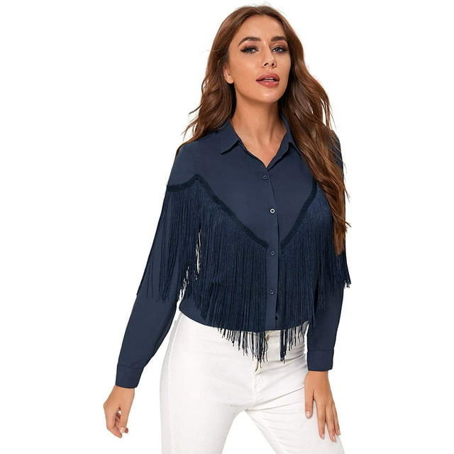 Women's Fringe Trim Long Sleeve Button Up Blouse Shirt Top