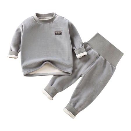 Cethrio Kids Boys Long Sleeve Pajama Sets Cotton 2 Piece Thermal Sleepwear Sets Gray Size 8-12 Months