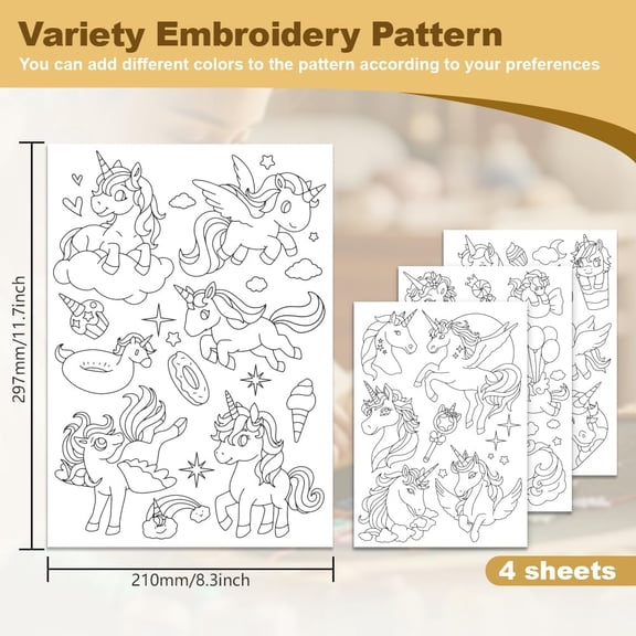 30Pcs Unicorn Embroidery Pattern Stabilizer 8.3"x11.7" Water Soluble Stick and Stitch Embroidery Sticker 4 Sheets Hand Sewing DIY Embroidery Paper