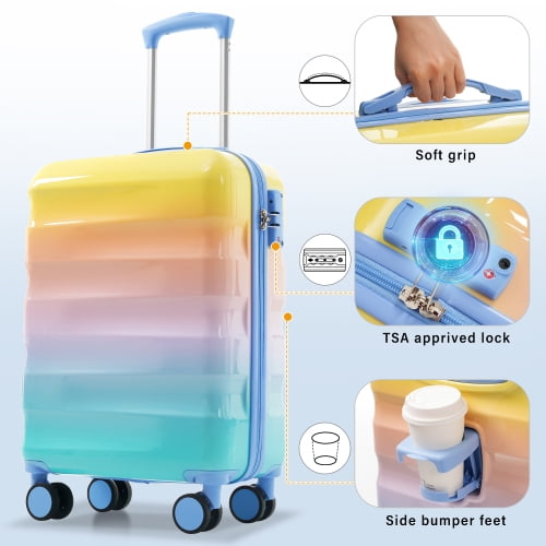 Carry-on Luggage Set 20 Inch 2-Piece, Lightweight Hardshell Suitcase with Built-in Cup Holder & 8 Spinner Wheels, Airline Approved, Glossy