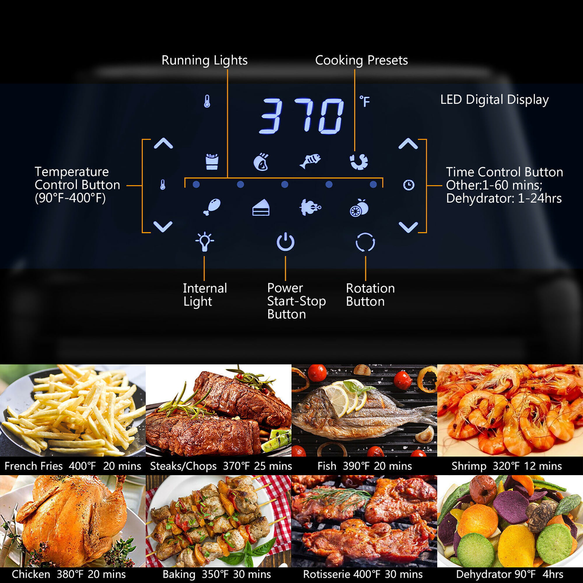 COSTWAY Air Fryer Oven, 8-In-1 Convection Air Dehydrator Oven with 6  Rotisserie Accessories, LED Touch Screen, Countertop Air Broiler Oven for  Pizza