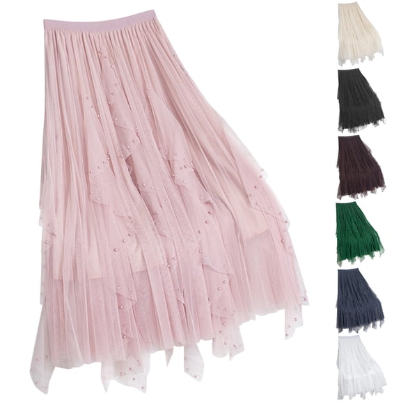FRSASU Tulle Pleated Fairy Skirt for Women Pearl Trim Elastic High Waist A-Line Layered Flowy Long Skirt White