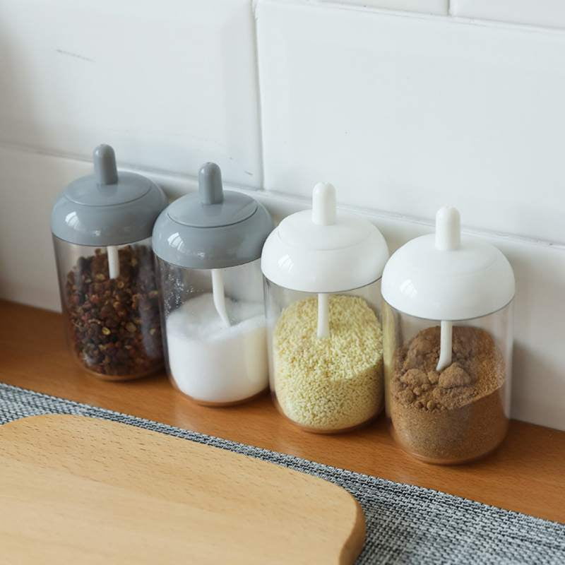 1X Glass Seasoning Jar Spice Container Salt Jars Condiment Pot W/Lid and Spoon
