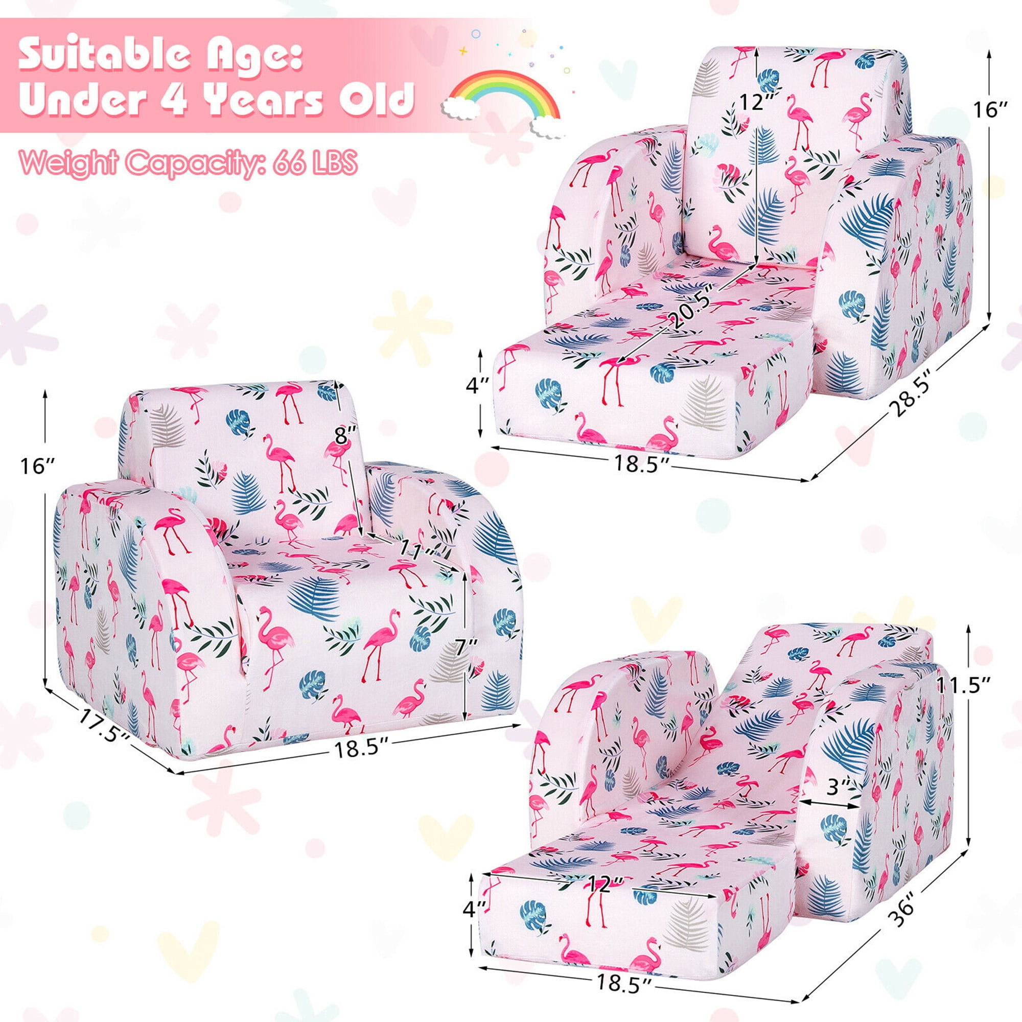 Gymax 3-in-1 Convertible Kid Sofa Bed Flip-Out Chair Lounger for Toddler Pink