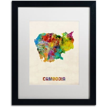 Trademark Fine Art 'Cambodia Watercolor Map' Canvas Art by Michael Tompsett, White Matte, Black Frame