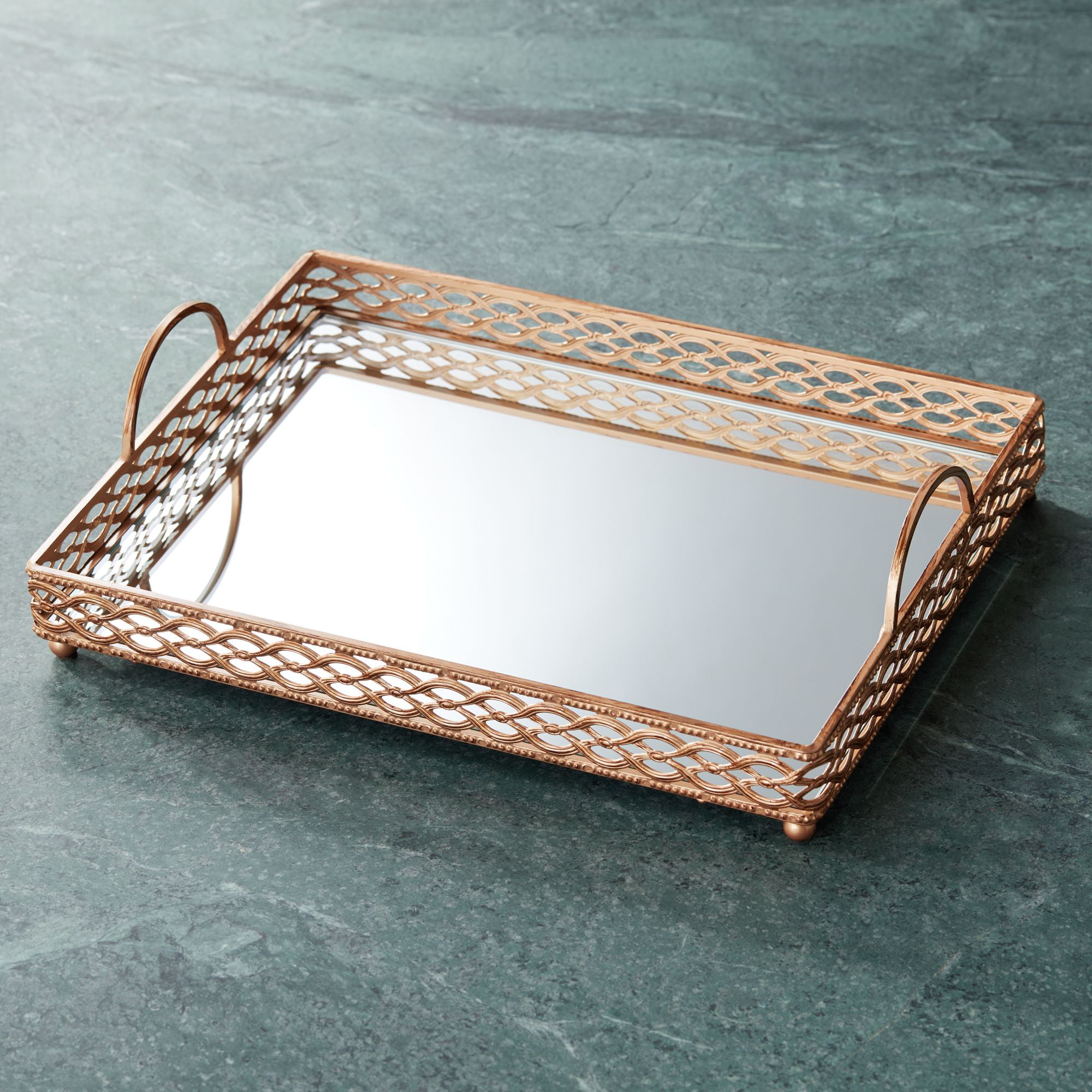 Dahlia Studios Magot 16 Wide Antique, Rose Gold Mirrored Serving Tray