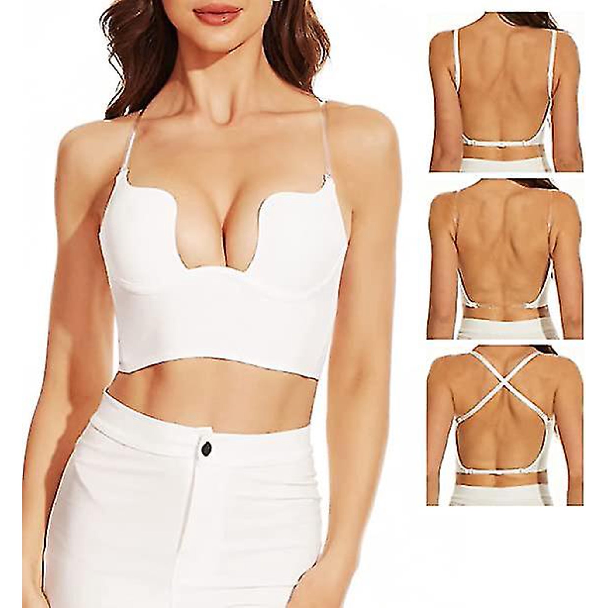 Deep U Plunge Low Cut Push Up Low Back Bra With Clear Straps Womens