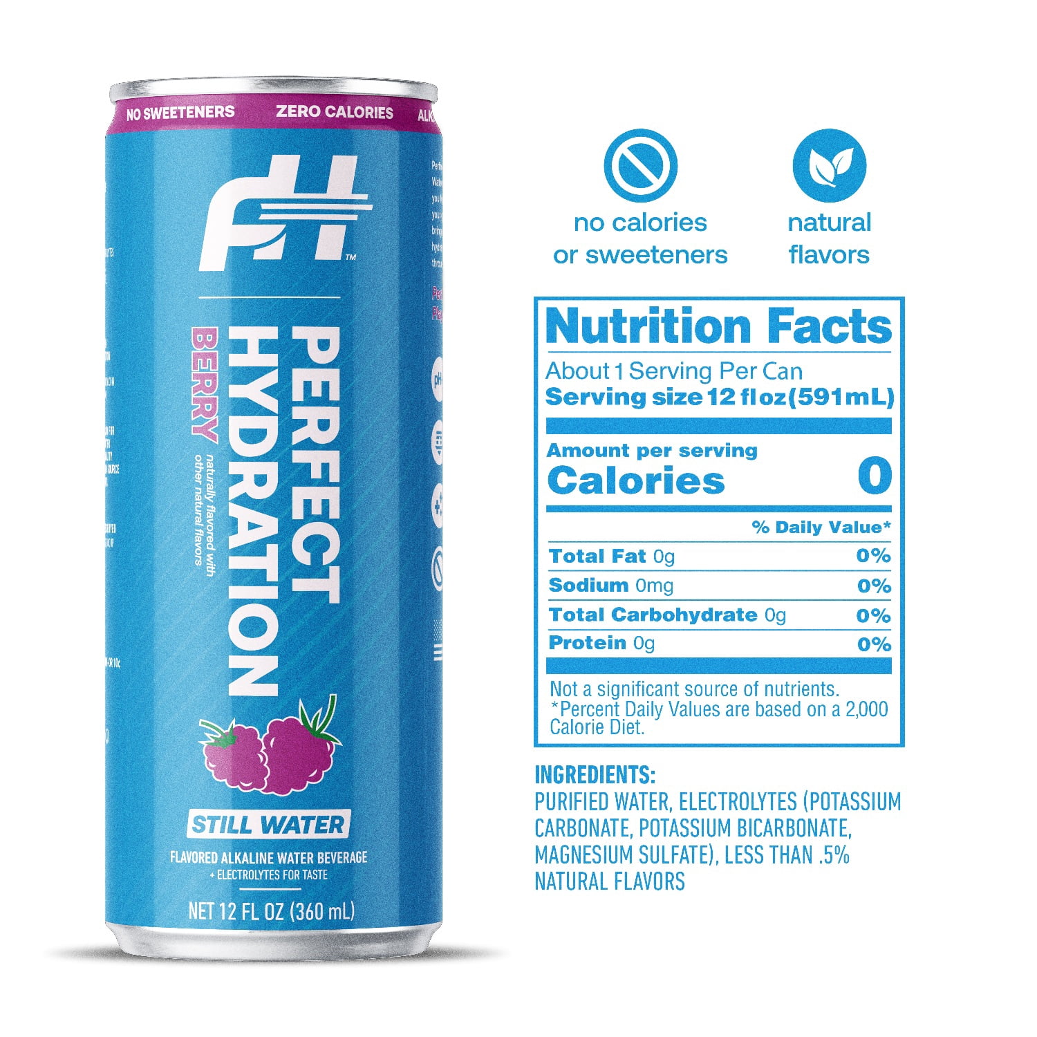Perfect Hydration Berry Flavored Alkaline Water, 0 Sugar, 0 Calories, 12 oz Cans, Pack of 12