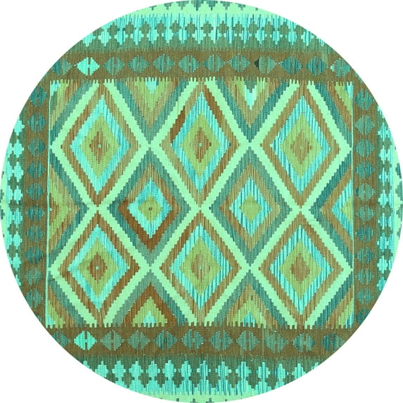 Ahgly Company Machine Washable Indoor Round Abstract Turquoise Blue Contemporary Area Rugs, 8' Round