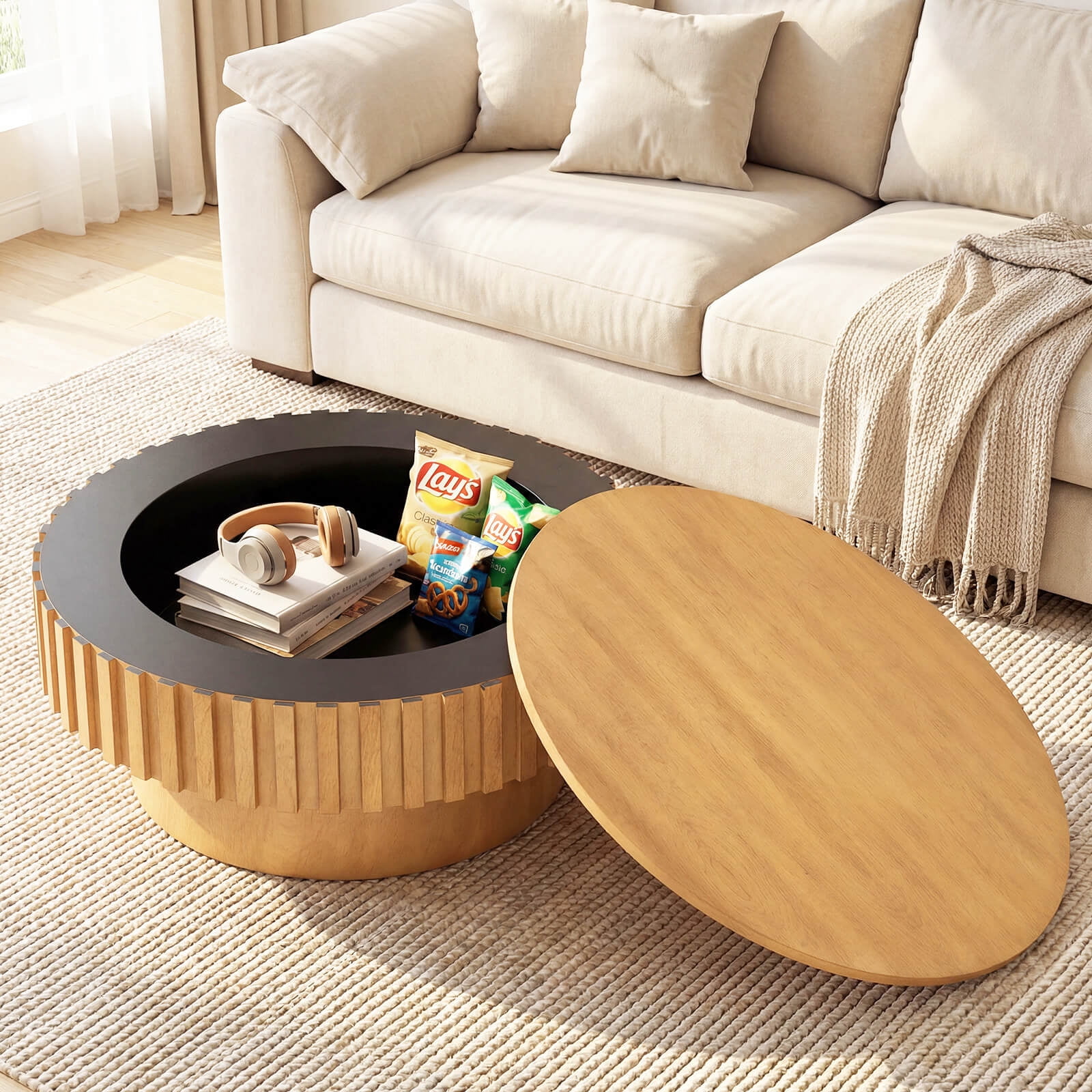 Costway Round Coffee Table with Storage, Wooden Drum Coffee Table with Hidden Compartment Natural