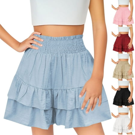 Hurxie Deals Girl Summer Shorts Layered Shorts Pleated Casual Beach Short Pants Elastic Waist Ruffle Hem Loose Bottom Short Cute Clothes 8 Y Pink