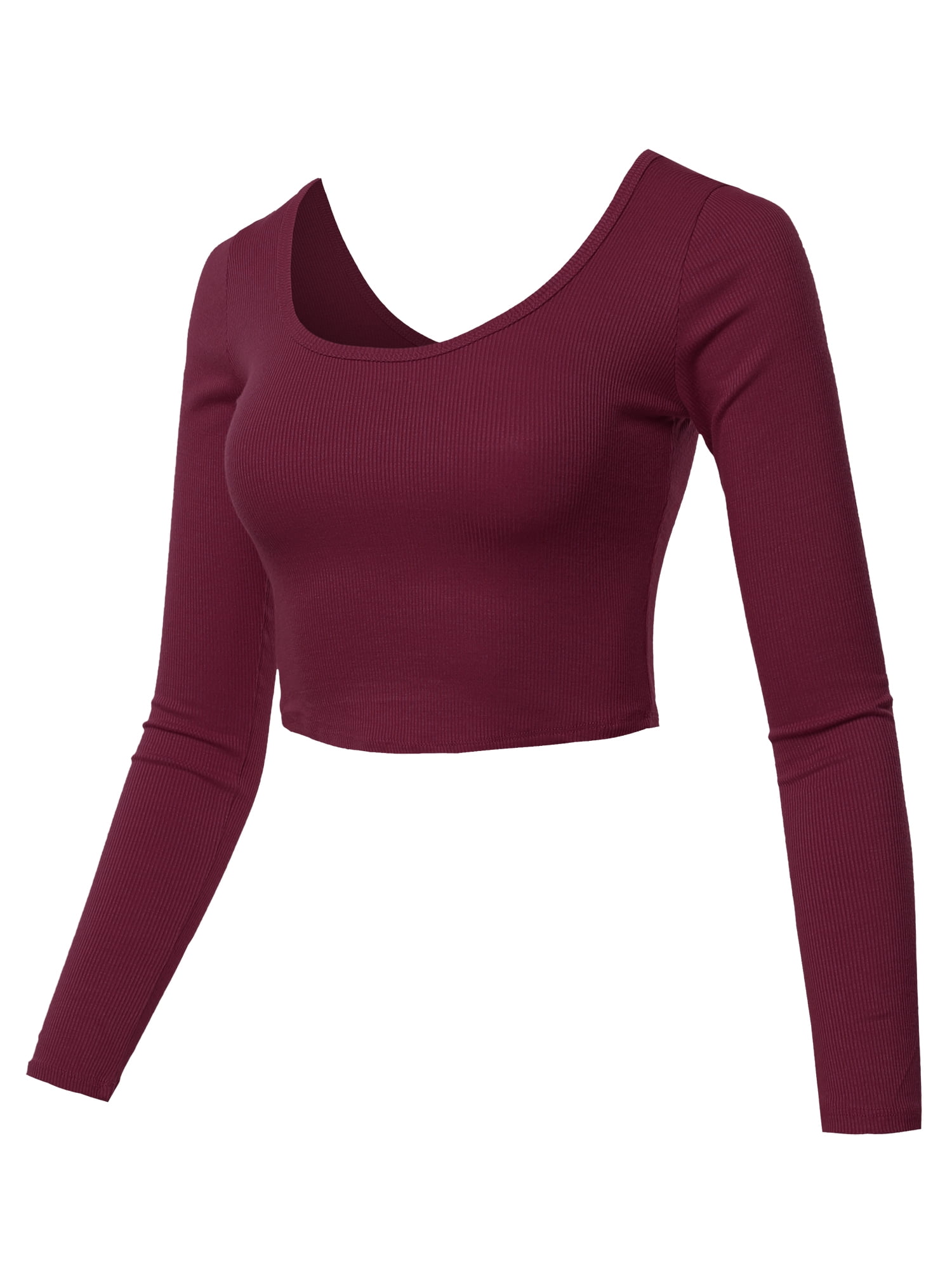A2Y Women's Cropped Rib Lightweight Long Sleeve Double Scoop Neck Tops ...