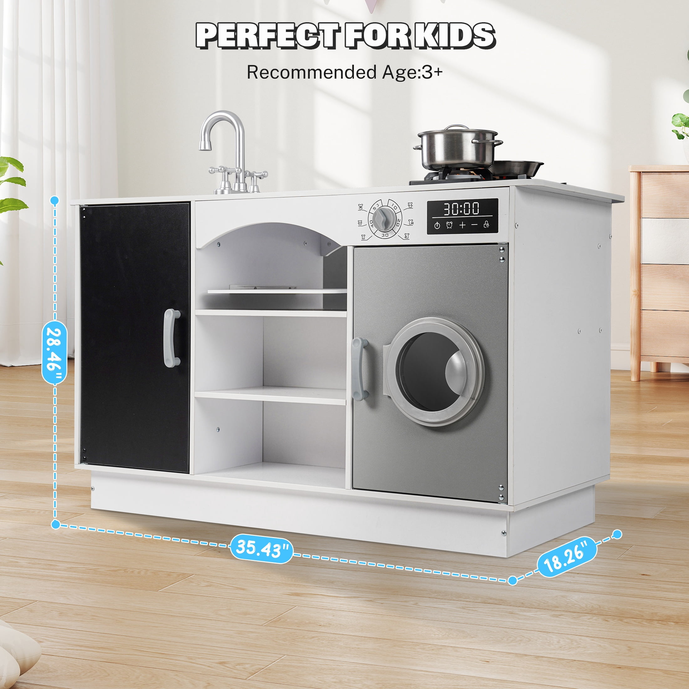 iYofe Play Kitchen Sets for Kids Ages 2+, Wood Kids Kitchen Playset for Toddlers with Real Lights & Sounds, Pretend Play Toys Kitchen with Cookware Accessories, White