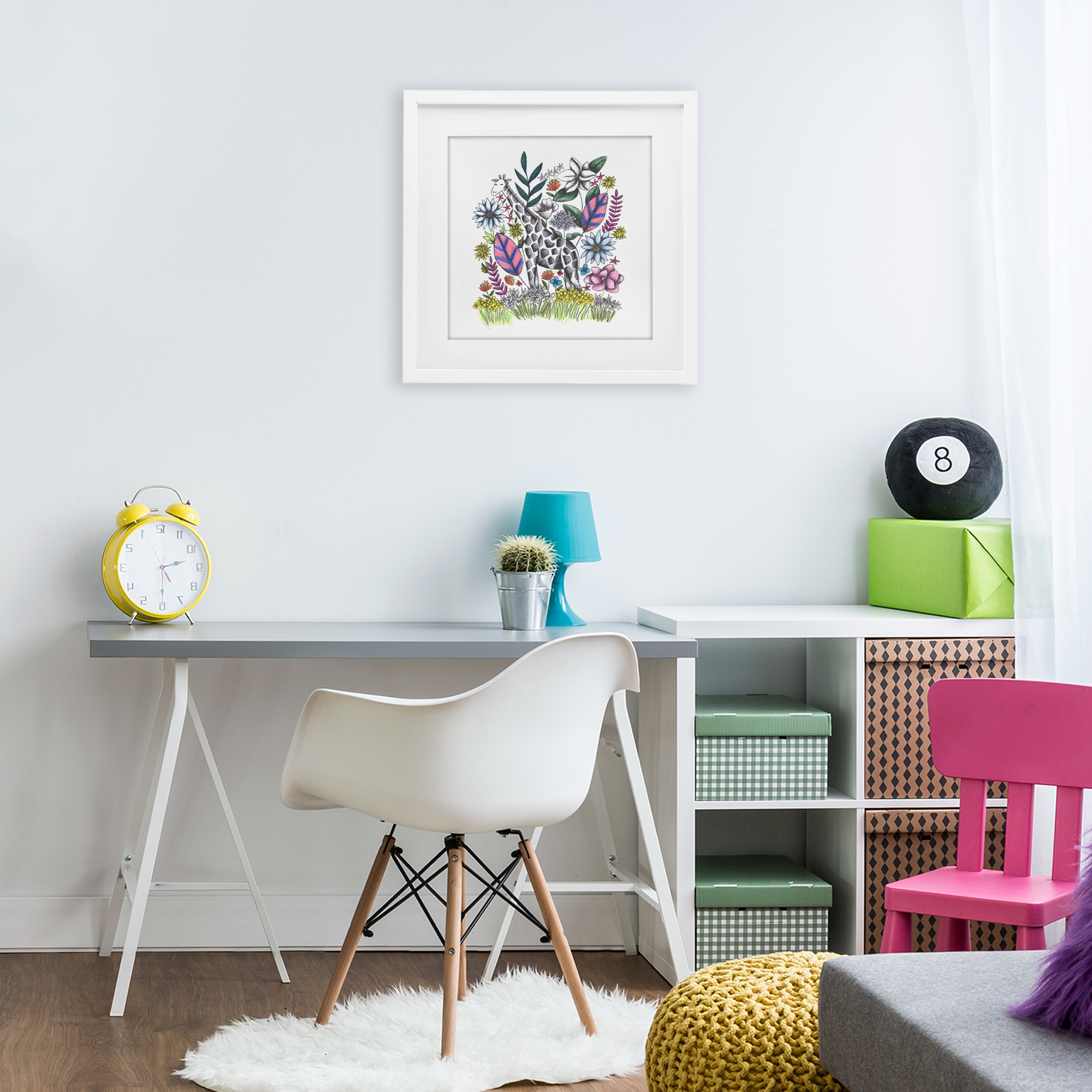 Giraffe in Midst of Flowers White Framed Print Under Glass, design by Cecilia Battaini