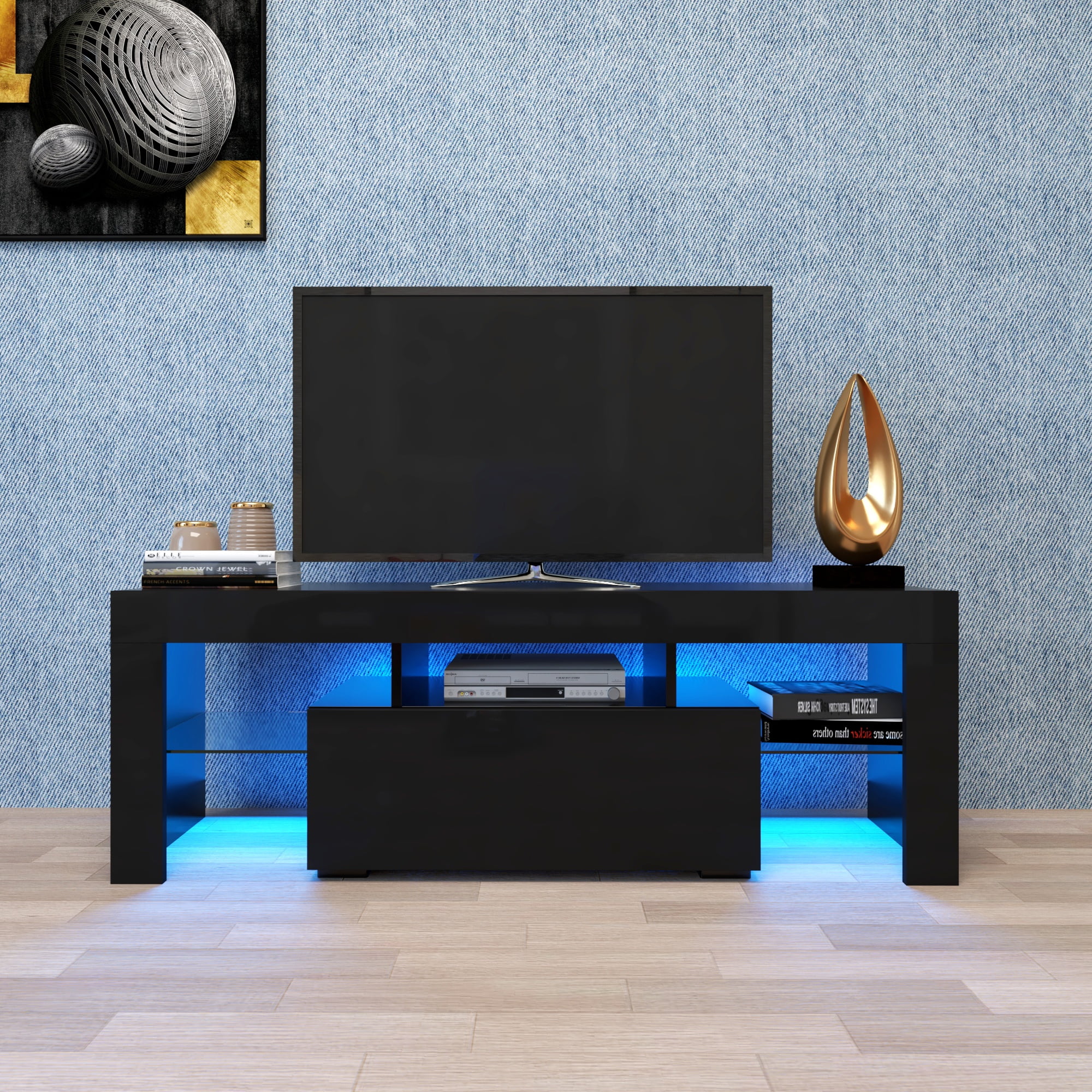 SYNGAR TV Stands for Living Room with LED Light up to 55" TV, Modern Entertainment Center with Storage Drawers and Glass Storage Shelves, Media Console, TV Stand Cabinet, Black