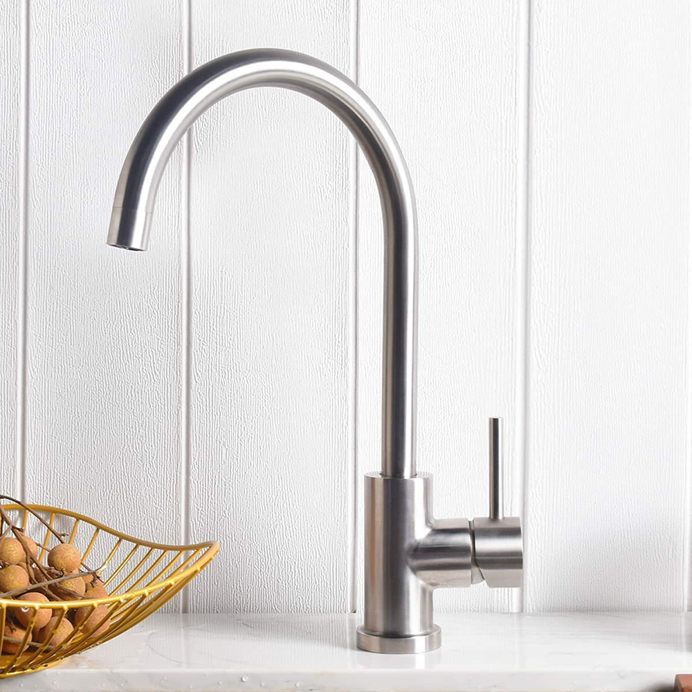 Brushed kitchen sink faucet with single handle, modern single hole