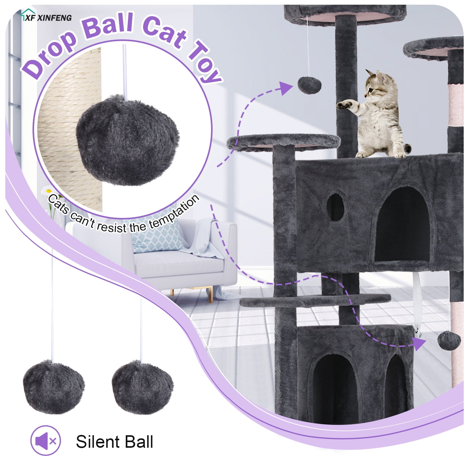 XF XINFENG 70" Cat Tree Tower Playhouse for Indoor Cats with Scratching Posts, Multi-Level Pet Cozy Condo Furniture, Ashy