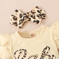 thumbnail image 6 of Sjldqy Girls Summer Outfit Sweet Soft Ruffle Sleeve Crew Neck Letter Print Bodysuit Leopard Print Tutu Skirt Bow Headband Girls Romper 3 Piece Set Size 12-18 Months Khaki, 6 of 9