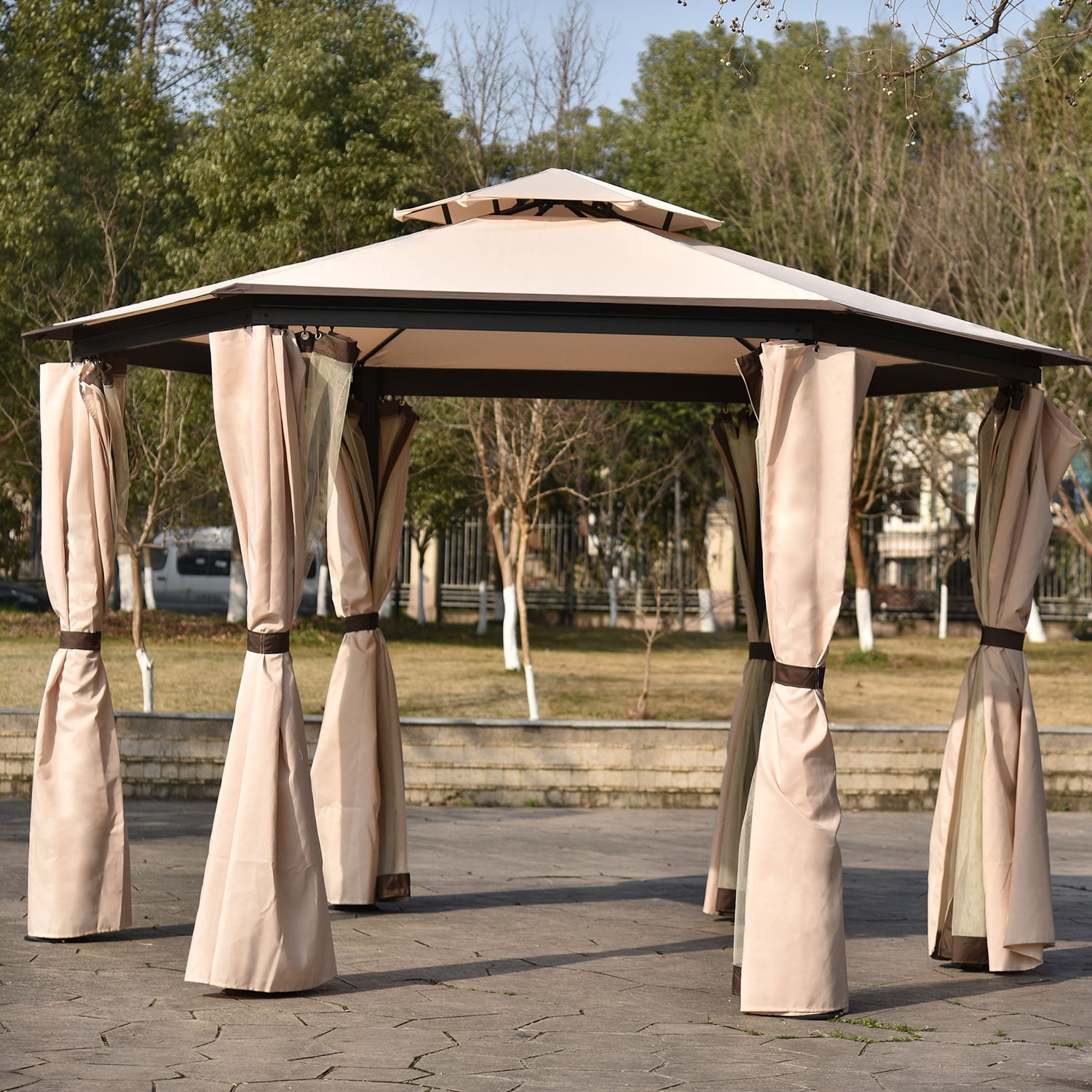 Kadyn 11.8 Ft Patio Outdoor Gazebo, Double Roof Soft Canopy Gazebo with Mosquito Netting Suitable for Lawn, khaki Kadyn 11.8 Ft Patio Outdoor Gazebo, Double Roof Soft Canopy Gazebo with Mosquito Netting Suitable for Lawn, khaki