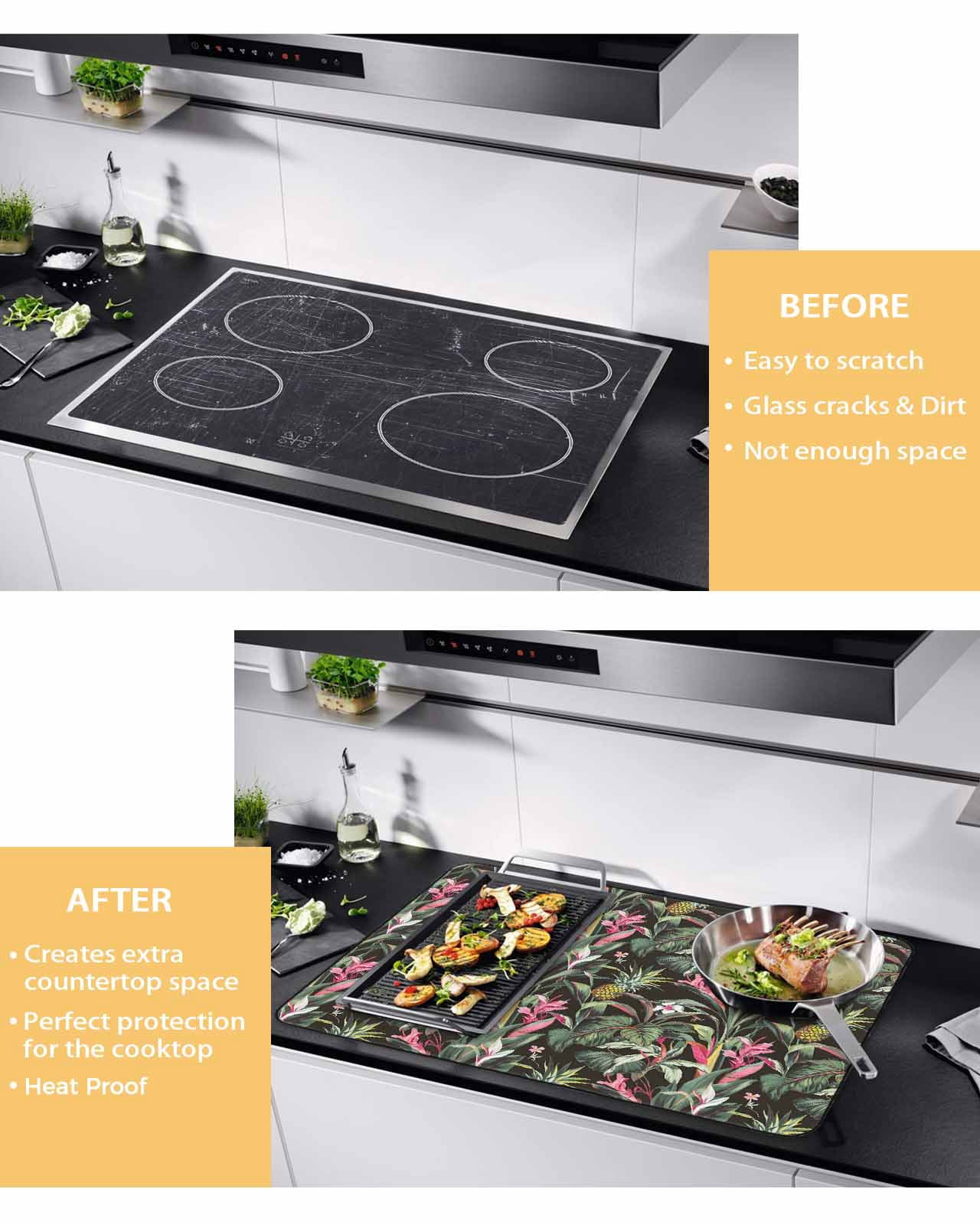 nqOlkjepod Large Induction Cooktop Protector Mat 36"x21", Tropical Pineapple Stove Top Covers for Electric Stove, Pink Green Botanical Leaves Stove Burner Cover Mats, Glass Top Stove Cover