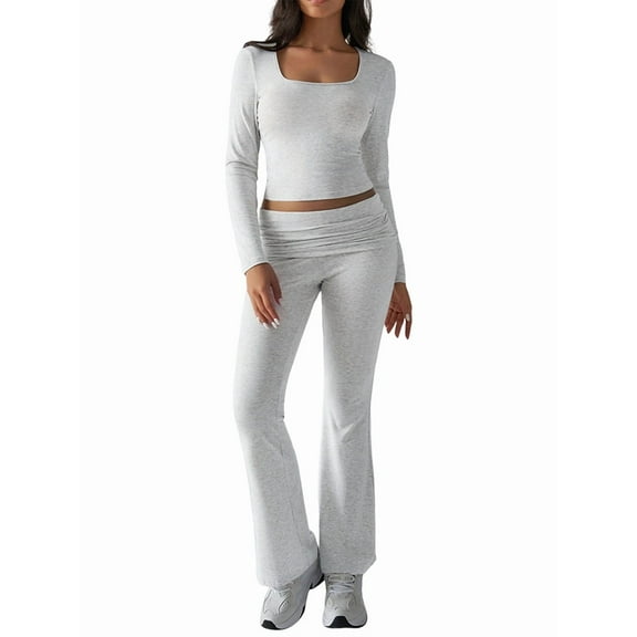 Lounge Sets for Women 2 Piece Casual Y2K Outfits Short Sleeve Cropped Tops Fold over Flare Pants Tracksuits Grey L