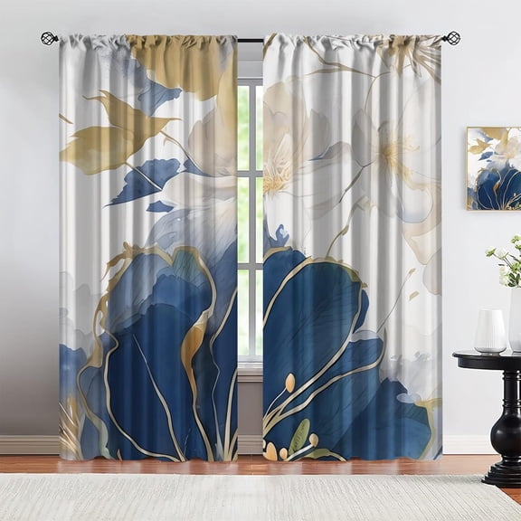 Geometric Gold Stripes Extra Large Blackout Curtains, Abstract Blue Tie-Dye Pattern Traditional Home Decor Long Curtains, Energy Saving For Living Room Bedroom 52"W x 63"L (Pack of 2)