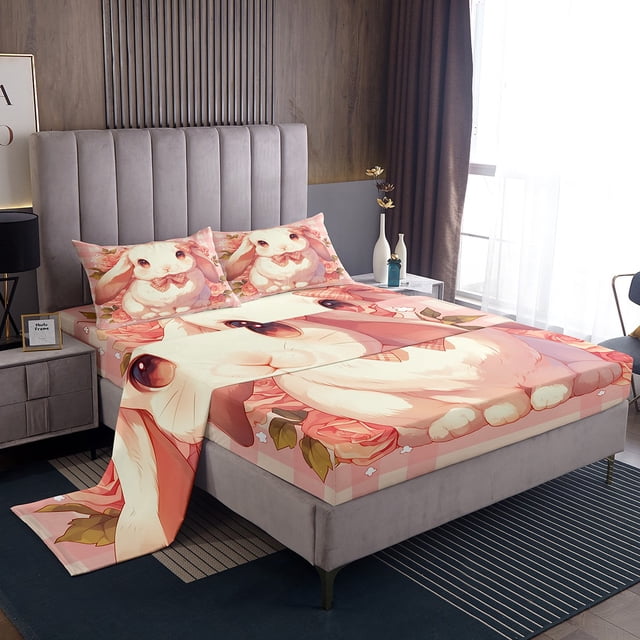 Erosebridal Girly Rabbit Ensemble de Draps Taille Simple Drôle Rose Rabbit Ensemble de Draps Adorable Animal de Compagnie Rose Floral Draps Blanc Rose Géométrique à Carreaux Drap Plat Drap-Housse Doux Respirant Déco de Chambre