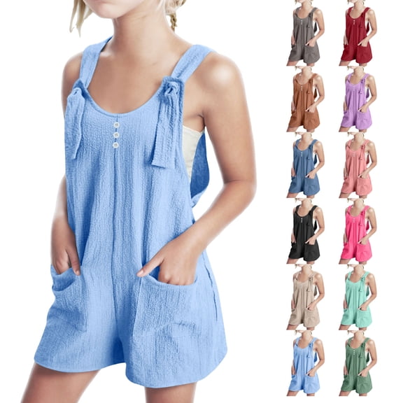 Bovxnpu Girls Sleeveless Romper Kids Summer Casual Spaghetti Strap Short Jumpsuit with Pockets Fashion Spaghetti Strap Romper Summer Comfortable Girls Shortalls Shorts