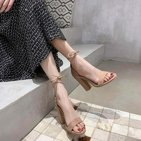 

YUNAFFT Women s High Heels Women s Summer Casual Peep Toe Sandals Lace-Up Solid Color High Heel Chunky Heel Shoes Discount