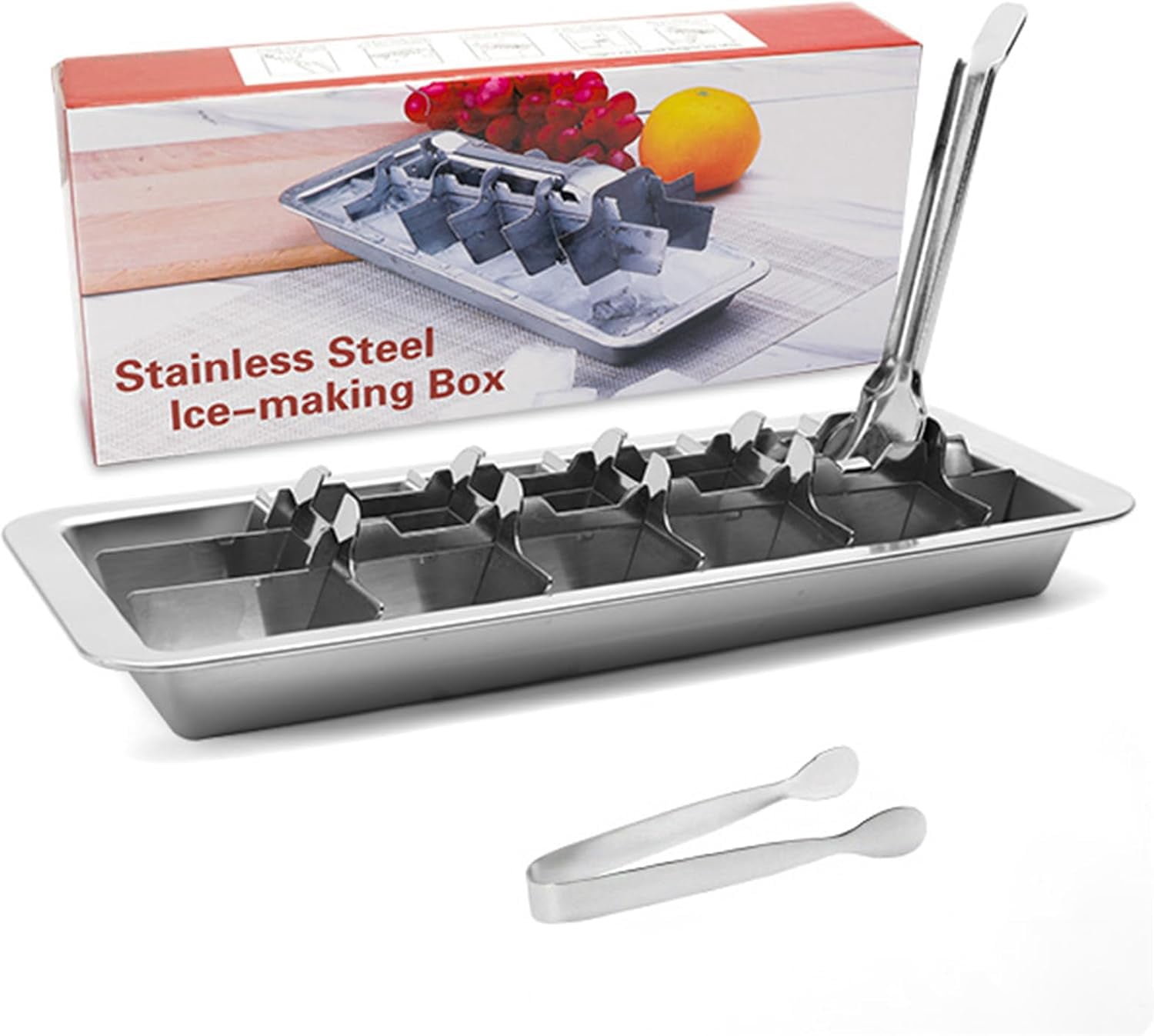 2Pcs Stainless Steel Ice Cube Trays for Freezer, Metal Ice Cube Trays with Lever, Reusable 18/8 Slot Ice Cube Mold for Bar & Kitchen (With Clips, 2PCS)