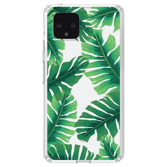 DistinctInk Clear Shockproof Hybrid Case for Google Pixel 4 (5.7" Screen) - TPU Bumper, Acrylic Back, Tempered Glass Screen Protector - Tropical Banana Leaves
