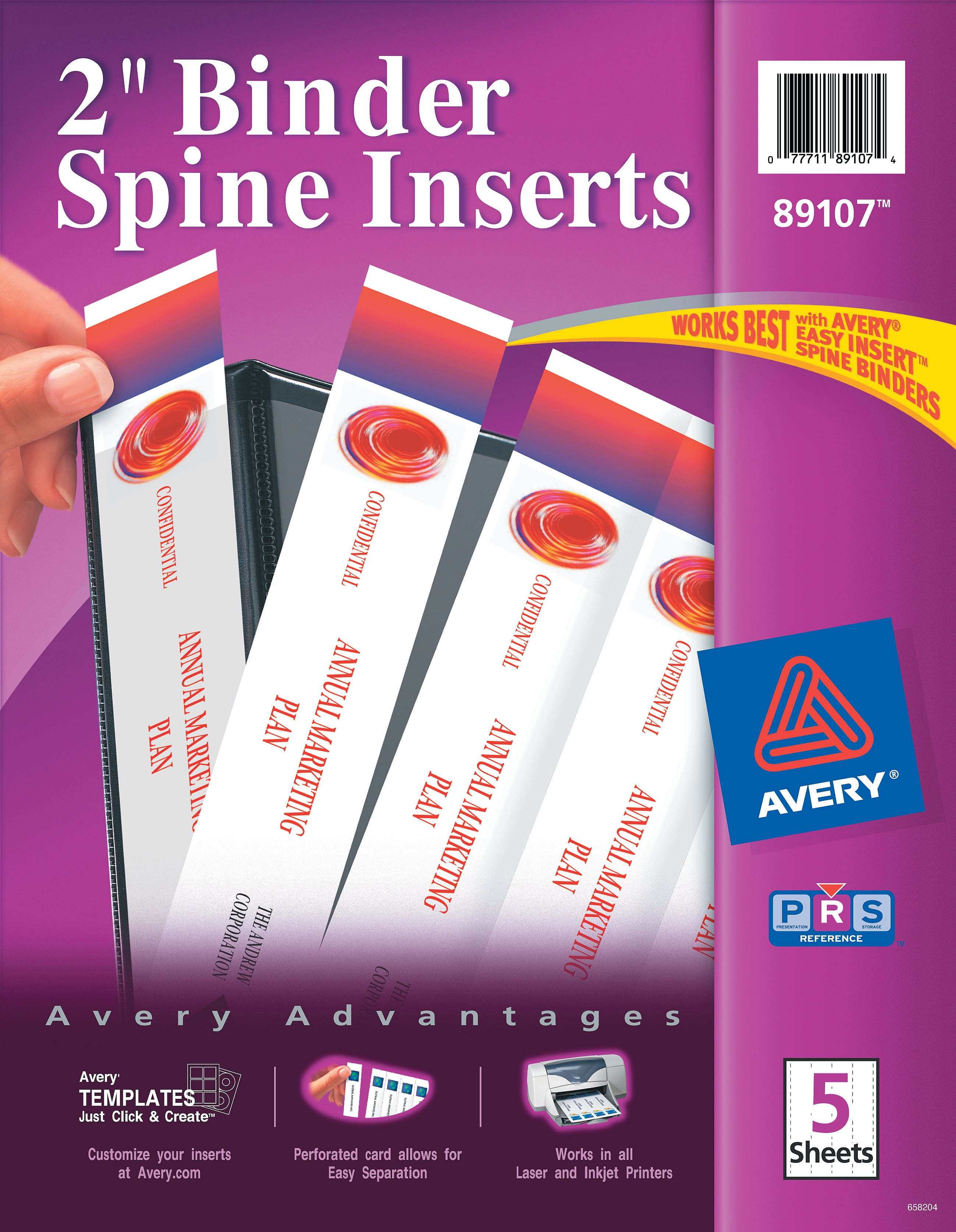 Avery 2" Binder Spine Inserts 89107 5 Sheets 20 Inserts 