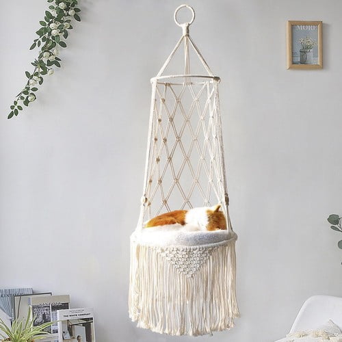 Colourtree Hanging Macrame Cat Hammock Bed, Hanging Cat Bed, Boho Wall Hanging Cat Hammock for Indoor Outdoor Home Decor with Cushion