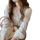 thumbnail image 1 of Camisa de gasa de manga larga para mujer, Tops elegantes de moda de primavera para mujer, Tops de encaje con cuello en V de manga larga, color crema albaricoque, 1 of 8
