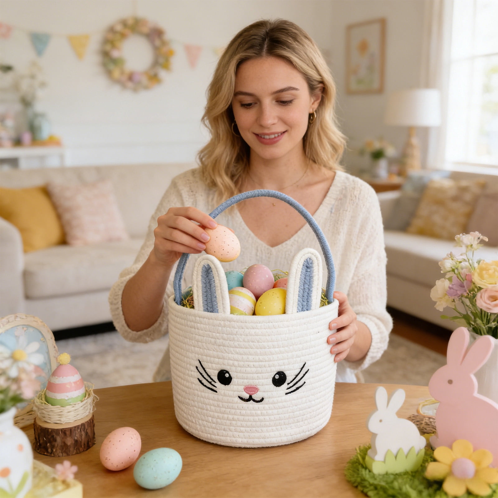 Lunxisen 3 Pcs Easter Storage Basket Hand-woven Decorative Home Organizer Holiday Decor Rabbit Shape Woven Bin
