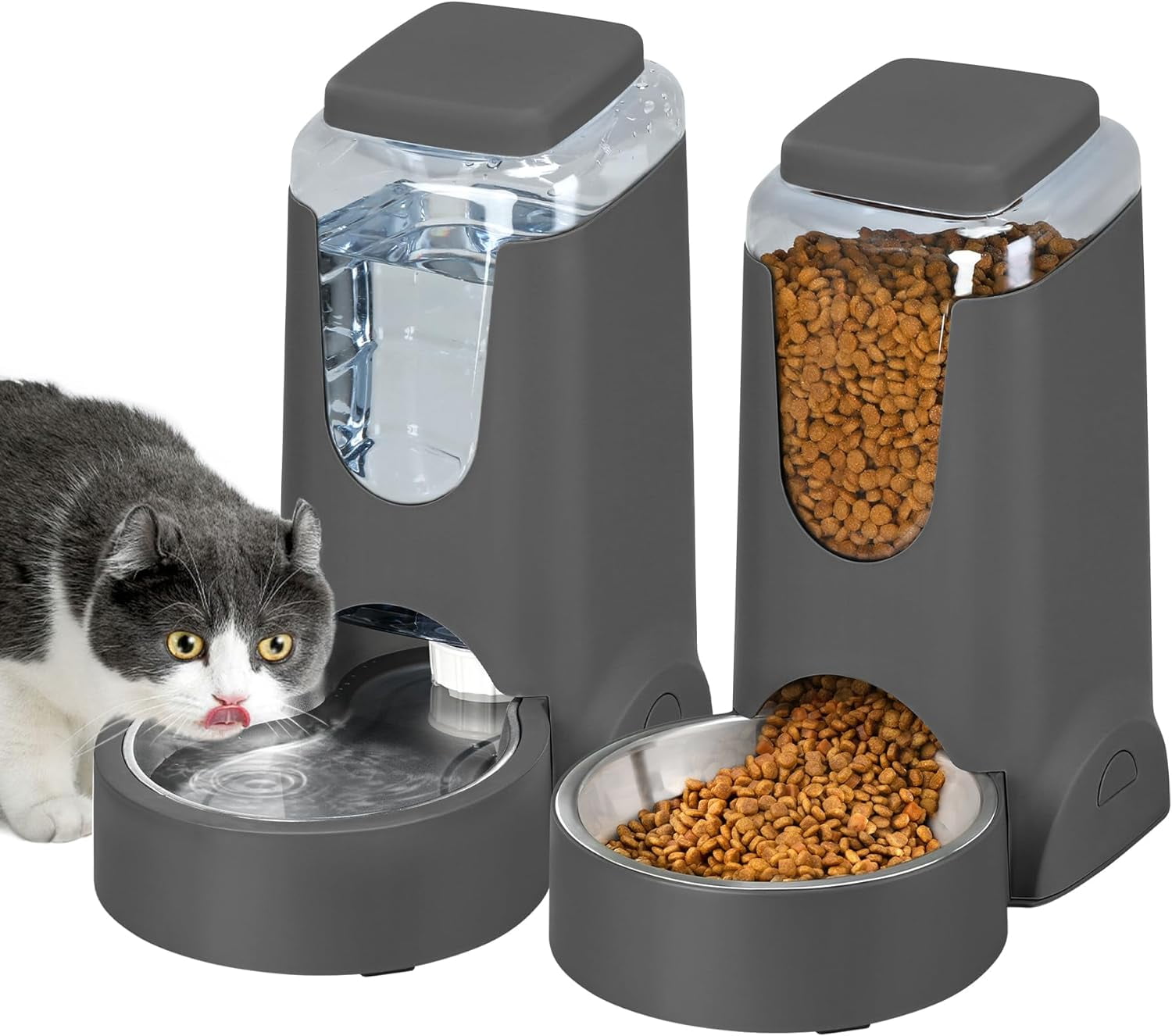 2 Pack Automatic Cat Feeder and Stainless Steel Water Dispenser, Gravity Dog Waterer Set Food Feeder and Waterer Set for Small Medium Kitten Puppy Pets (1 Gallon x 2, Ivory White)