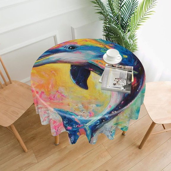 RKSupls 60 Inch Round Tablecloth, Dolphin Colorful Splash Premium Polyester Straight Edge Wrinkle Resistant Washable Table Cover for Party Home Dining Decor