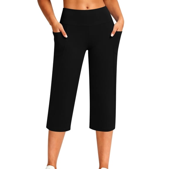 LEAVINGSUO Capris Pants for Women With Elastic Waist Women's Casual High-Waisted Pocket Cropped Pants Black S