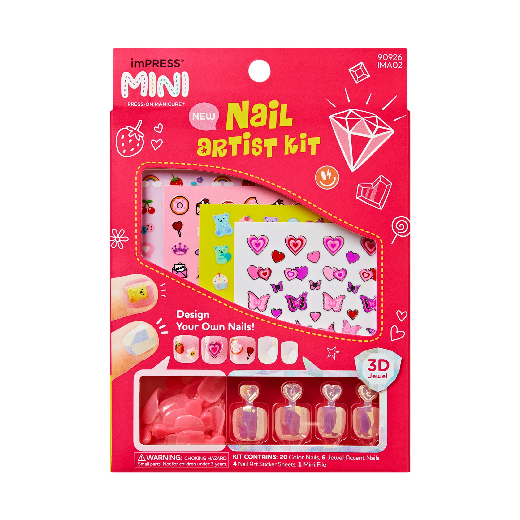 (3 pack) Impress Mini Press On Nail Artist Kit for Kids, Wannabe U, Squoval, 26 Press On Nails