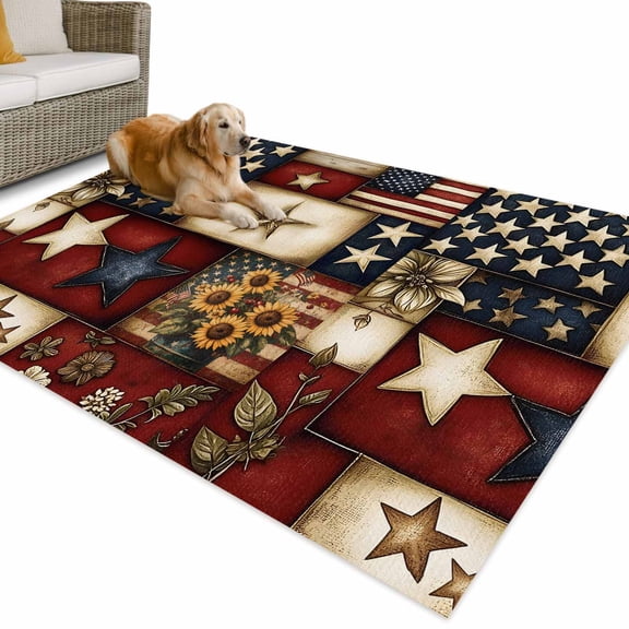 Outdoor Rug 6x9 ft Farmhouse Primitive Barn Stars Waterproof Outdoor Patio Rug Mat Non Slip Outside Area Rugs Carpet for RV,Camping,Porch,Deck,Pool,Balconybackyard,Retro American Flag Blue Red