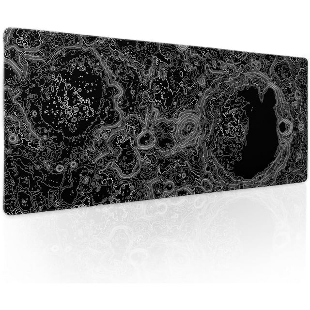 Black White Topographic Gaming Mouse Pad - XL Moon Relief Map Extended Mat, Non-Slip Rubber Base, Stitched Edge, Long Keyboard Playmat for Desk Computer, 31.5x11.8 Inch