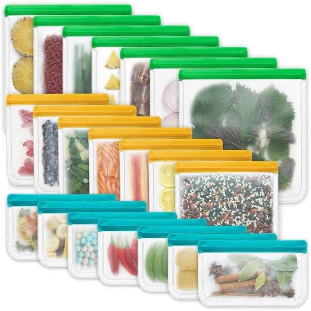 Paquete de 21 bolsas de almacenamiento reutilizables sin BPA, bolsas para congelador a prueba de fugas (7 bolsas reutilizables de un galón + 7 bolsas reutilizables para sándwich + 7 bolsas
