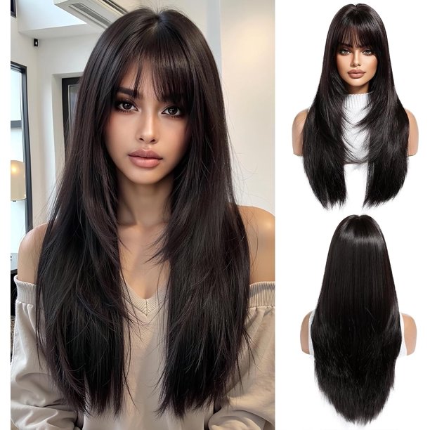 Yanonmyfd Black Wigs for Women Long Wig with Bangs Natural Straight Wigs Synthetic Hair Heat Resistant Wigs for Daily Party Cosplay Wear